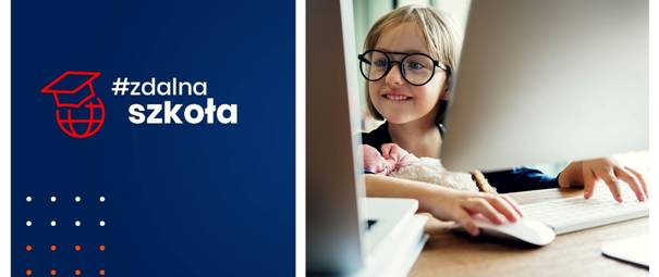 Grafika. Uśmiechnięta dziewczynka siedząca przed ekranem komputera. Obok napis: #zdalnaszkoła.